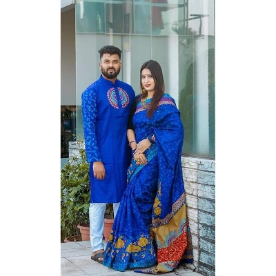 Picture of Blue color Hand Print Half Silk Saree and Dupaiyan Panjabi couple Dress for Men and women