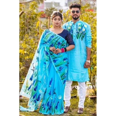 Picture of Sky Blue Hand Print Half Silk Saree and Dupaiyan Panjabi couple Dress for Men and women