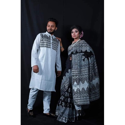 Picture of White Block Print Half Silk Saree and Dupaiyan Panjabi couple Dress for Men and women