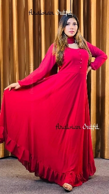 Picture of Westrn Fashion Ladis Stitch Gown and Lase Orna Red Color Duble Gorgette  style Kurti  dress for women - Red