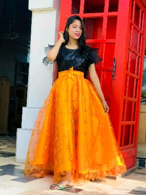 Picture of Western Dress summer fashion Net fabric western style Sequence Tops and Skirts, design sense of niche temperament Dress for Girls - Orange