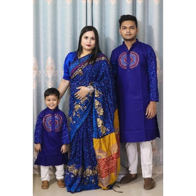 Picture of Family Set Block Print Dhupian Silk Exclusive Couple Dress Deep Blue Color Saree and Panjabi for Men women and Son - Blue