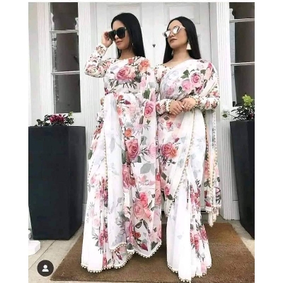 Picture of Exclusive Design White Color Georgette Printed Pearl Lace Saree With Matching Blouse pis Set Dress for women - White