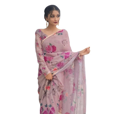 Picture of Elegant Purple Georgette Printed Pearl Lace Saree with Matching Blouse | Dress for Women - শাড়ি - Graceful & Charming Attire - Pink