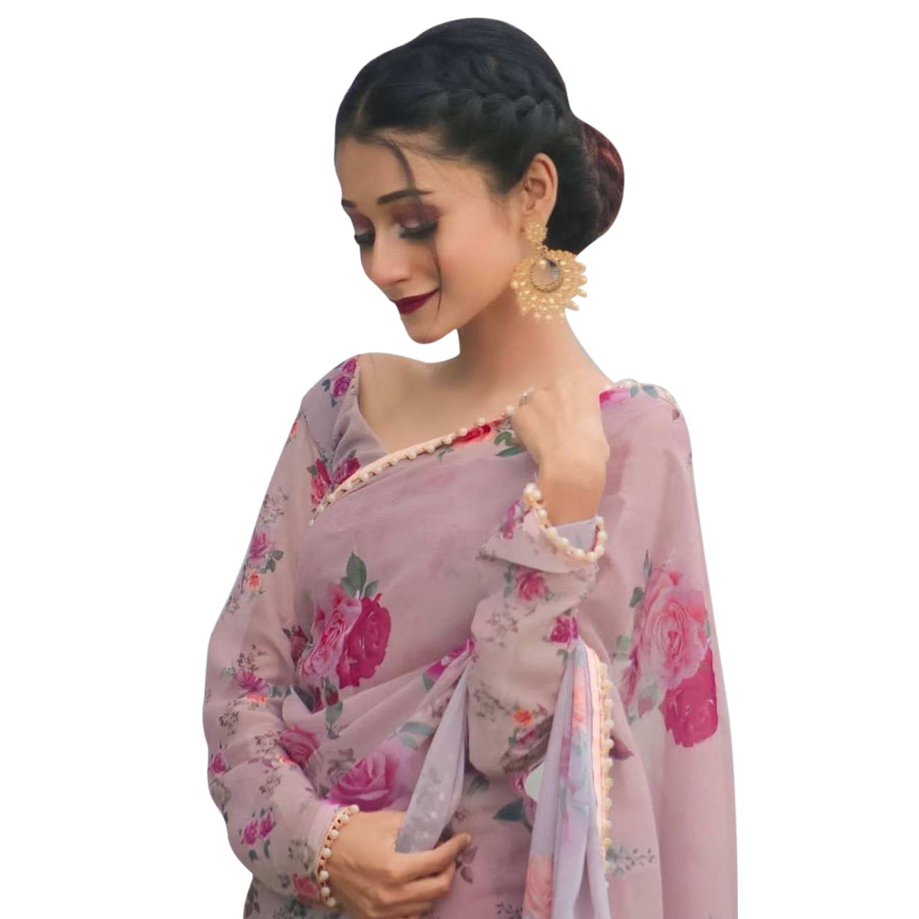 Picture of Elegant Purple Georgette Printed Pearl Lace Saree with Matching Blouse | Dress for Women - শাড়ি - Graceful & Charming Attire - Pink