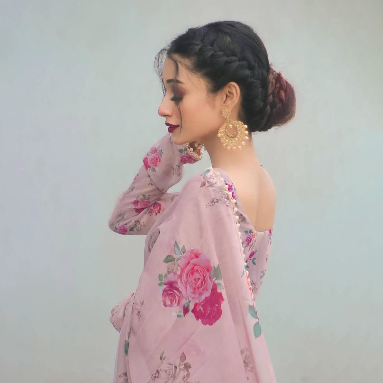 Picture of Elegant Purple Georgette Printed Pearl Lace Saree with Matching Blouse | Dress for Women - শাড়ি - Graceful & Charming Attire - Pink