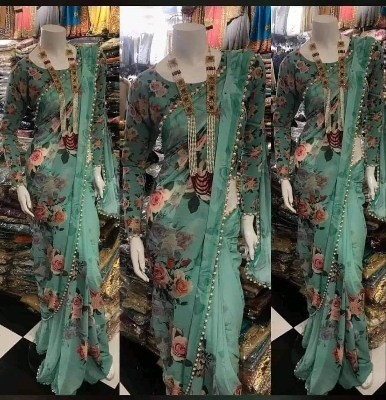 Picture of Exclusive Design Green Color Georgette Printed Pearl Lace Saree With Matching Blouse pis Set Dress for women - Green