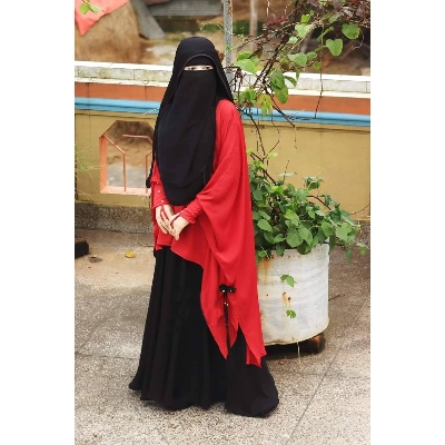 Picture of Women's Labiba Set Borka Gown With Kaptan Skart and Hoodinikab Stylish Kurtis Muslim wear Double cherry Georgette Exclusive Designed For Women/Girls - Red