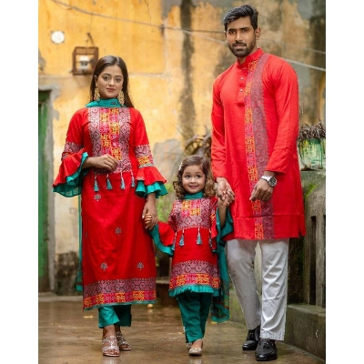 Picture of New Exclusive Design Red Color Cotton Salwar kameez and Dupaiyan Panjabi family Set Dress for Men and women - Red