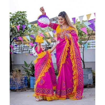 Picture of Fuffle Block Print Mother and Doughter Couple Saree Magenta Color Collection Fashionable Stylish and Comfortable, Half Silk Sharee For Women - Magenta