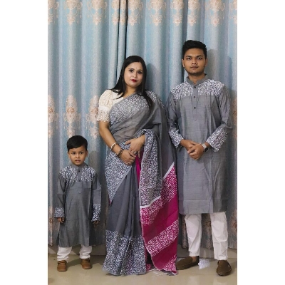 Picture of Splendid Trendsetter -Upscale Living -Family Set Block Print Ash Color Saree and Panjabi for Men women and Son- Inventive Choice - Dark Ash