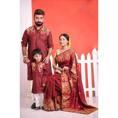 Picture of Understated -Craftsmanship and Trendy -Family Set Block Print Maroon Color Saree and Panjabi for Men women and Son- Progressively Better - Maroon