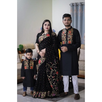 Picture of Understated -Family Set Block Print Dhupian Silk Exclusive Couple Dress Deep Black Color Saree and Panjabi for Men women and Son- Progressively Better - Black