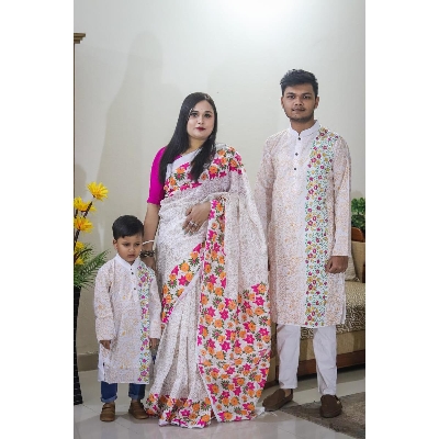 Picture of Family Set Block Print Dhupian Silk Exclusive Couple Dress Deep White Color Saree and Panjabi for Men women and Son - White