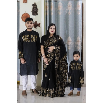 Picture of Trendsetter -Family Set Block Print Dhupian Silk Exclusive Couple Dress Deep Black Color Saree and Panjabi for Men women and Son- Inventive Choice - Black