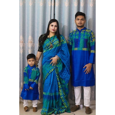 Picture of Family Set Block Print Dhupian Silk Exclusive Couple Dress Deep Blue Color Saree and Panjabi for Men women and Son - Blue