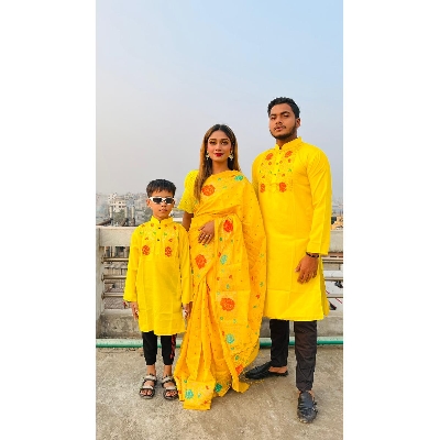 Picture of Family Set Block Print Yellow Color Saree and Panjabi for Men women and Son - Yellow