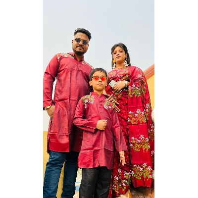 Picture of Indispensable -Quality And Durablity -Family Set Block Print Red Color Saree and Panjabi for Men women and Son- Innovative - Red