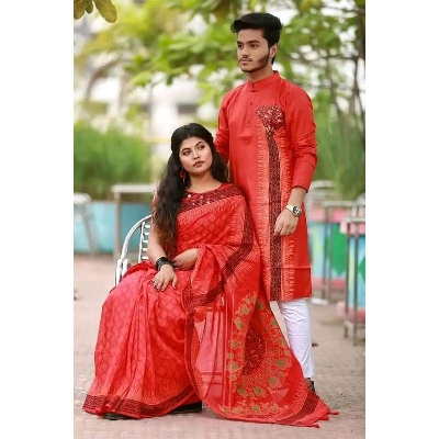 Picture of Family Set Block Print Dhupian Silk Exclusive Couple Dress Red Color Saree and Panjabi for Men women and Son - Red