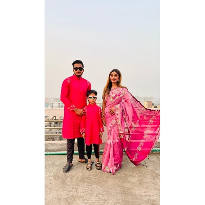 Picture of Whimsical Trendsetter -Upscale Living -Family Set Block Print Red Color Saree and Panjabi for Men women and Son- Inventive Choice - Red