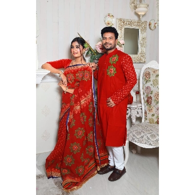 Picture of Family Set Block Print Dhupian Silk Exclusive Couple Dress Red Color Saree and Panjabi for Men women and Son - Red