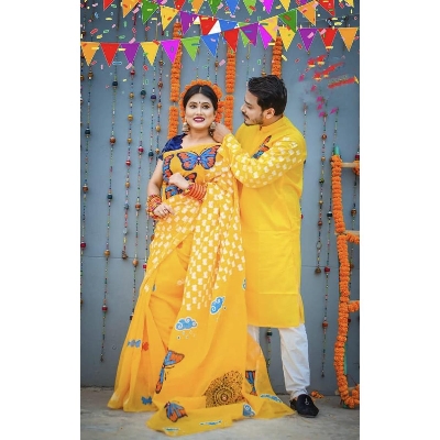 Picture of Family Set Block Print Dhupian Silk Exclusive Couple Dress Yellow Color Saree and Panjabi for Men women and Son - Yellow