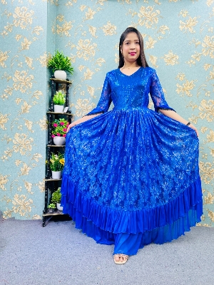 Picture of Western Gown summer fashion Blue Color Net fabric sequence work western style design sense of niche temperament Dress for Girls - Blue