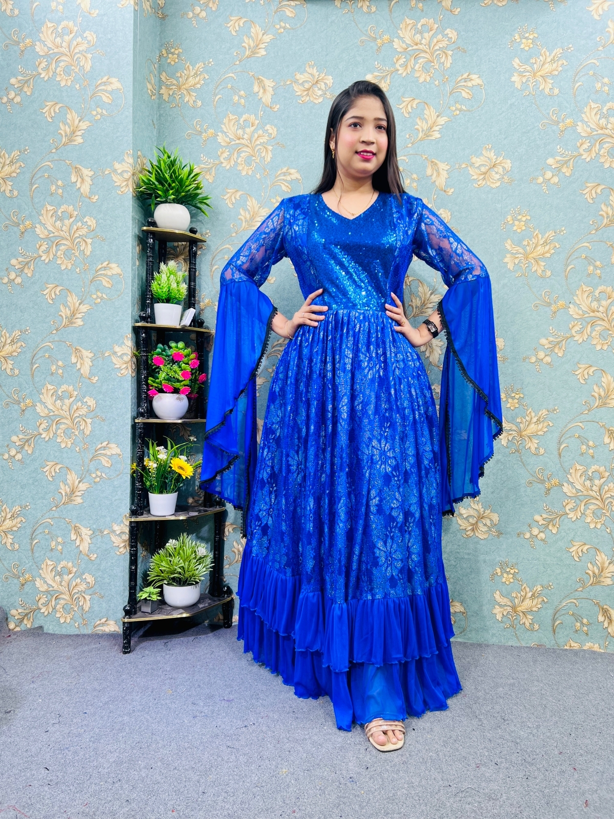 Picture of Western Gown summer fashion Blue Color Net fabric sequence work western style design sense of niche temperament Dress for Girls - Blue