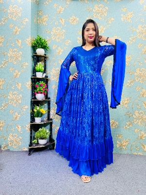 Picture of Western Gown summer fashion Blue Color Net fabric sequence work western style design sense of niche temperament Dress for Girls - Blue