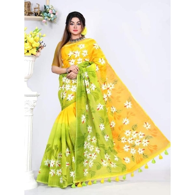 Picture of Hand Print Saree New Collection Yellow Color Fashionable Stylish and Comfortable Traditional Clothing formal wear For Women - Yellow