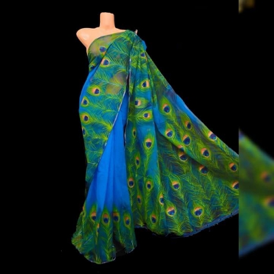Picture of Hand Print Saree New Collection Blue Color Fashionable Stylish and Comfortable Traditional Clothing formal wear For Women - Blue