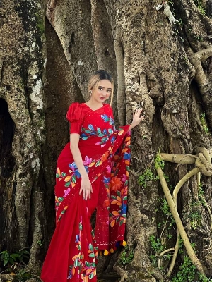 Picture of Hand Print Saree New Collection Red Color Fashionable Stylish and Comfortable Traditional Clothing formal wear For Women - Red