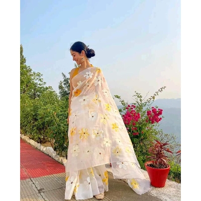 Picture of Hand Print Saree New Collection White Color Fashionable Stylish and Comfortable Traditional Clothing formal wear For Women - White