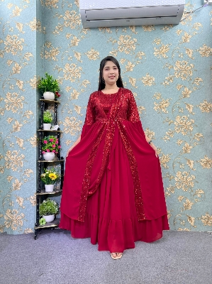 Picture of Readymade Stich Unique collection Western Saree summer fashion Red Color Koti and Skirt Saree, Women dress sense of niche temperament Dress for Girls - Red