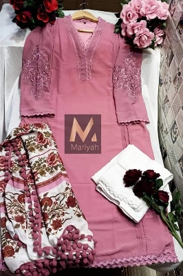 Picture of Fully Readymade Stitched Unique collection Pakistani Mariyah Dress Diamond Georgette Fabric Pink Color Three Piece Free Size All Over Gorgeous embroidery work & Lais work Salwar Kameez Suits For Women - Pink