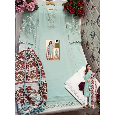 Picture of Fully Readymade Stitched Unique collection Pakistani Mariyah Dress Diamond Georgette Fabric Sky Blue Color Three Piece Free Size All Over Gorgeous embroidery work & Lais work Salwar Kameez Suits For Women - Light blue