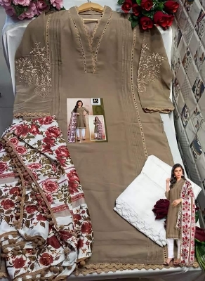Picture of Fully Readymade Stitched Unique collection Pakistani Mariyah Dress Diamond Georgette Fabric Brown Color Three Piece Free Size All Over Gorgeous embroidery work & Lais work Salwar Kameez Suits For Women - Brown