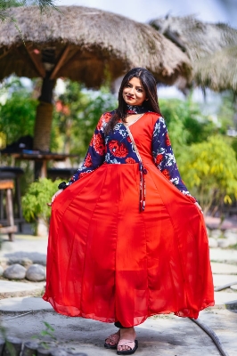 Picture of Readymade Unique Moyur Gown with Inner and Orna Alex Georgette Red Color Free Size Salwar Kameez Suits For Women - Red