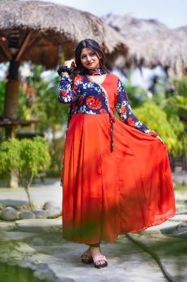 Picture of Readymade Unique Moyur Gown with Inner and Orna Alex Georgette Red Color Free Size Salwar Kameez Suits For Women - Red