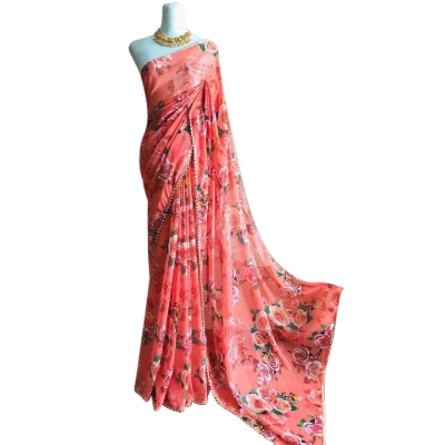 Picture of Exclusive Design Blush Pink Color Georgette Printed Pearl Lace Saree With Matching Blouse Piece Set Dress for Women - Elegant and Delicate - Pink