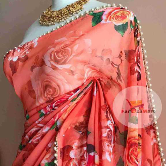 Picture of Exclusive Design Blush Pink Color Georgette Printed Pearl Lace Saree With Matching Blouse Piece Set Dress for Women - Elegant and Delicate - Pink