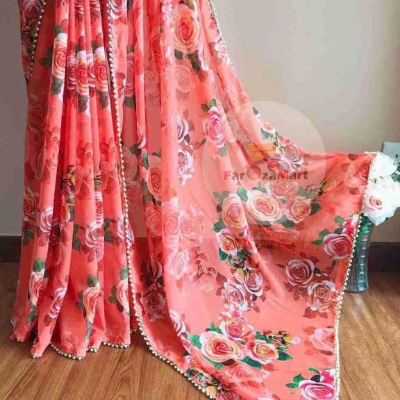 Picture of Exclusive Design Blush Pink Color Georgette Printed Pearl Lace Saree With Matching Blouse Piece Set Dress for Women - Elegant and Delicate - Pink