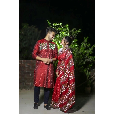 Picture of Understated -Family Set Block Print Dhupian Silk Exclusive Couple Dress Maroon Color Saree and Panjabi for Men women and Son- Progressively Better - Maroon