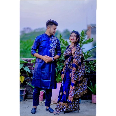 Picture of Indispensable -Family Set Block Print Dhupian Silk Exclusive Couple Dress Blue Color Saree and Panjabi for Men women and Son- Innovative - Blue