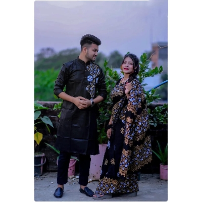 Picture of Versatile -Family Set Block Print Dhupian Silk Exclusive Couple Dress Black Color Saree and Panjabi for Men women and Son- Avant-garde - Black
