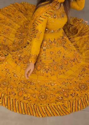 Picture of Readymade Unique VIP Gown and Orna AC cotton Glass work  Free Size Salwar Kameez Suits For Women - Yellow