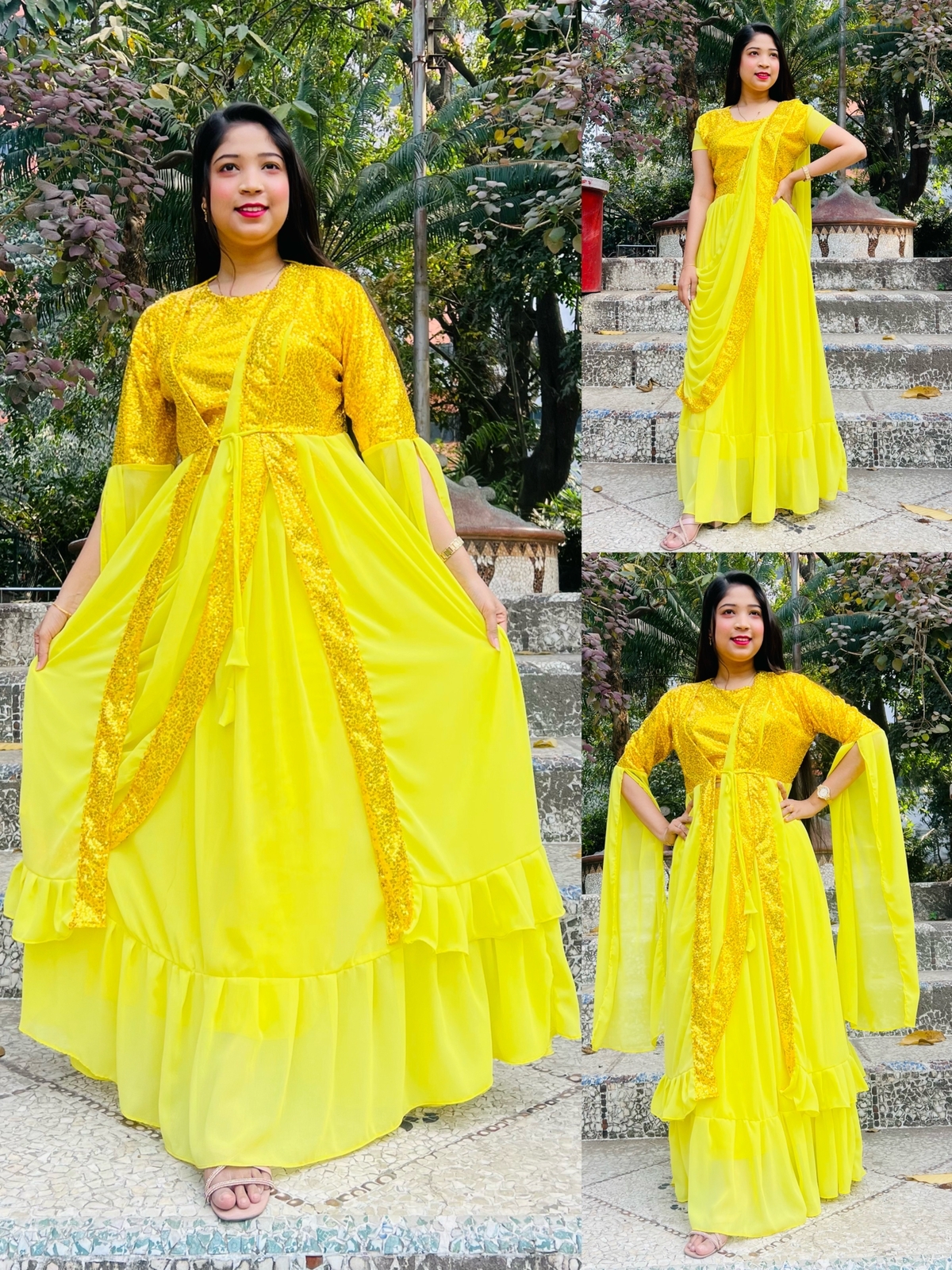 Picture of Readymade Stich Unique collection Western Saree summer fashion Yellow Color Koti and Skirt Saree, Women dress sense of niche temperament Dress for Girls - Yellow