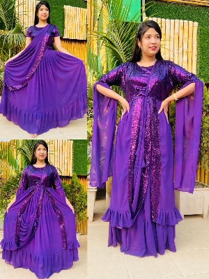 Picture of Readymade Stich Unique collection Western Saree summer fashion Purple Color Koti and Skirt Saree, Women dress sense of niche temperament Dress for Girls - Purple