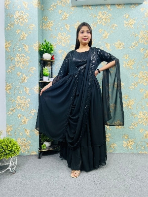 Picture of Readymade Stich Unique collection Western Saree summer fashion Black Color Koti and Skirt Saree, Women dress sense of niche temperament Dress for Girls - Black