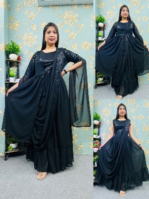 Picture of Readymade Stich Unique collection Western Saree summer fashion Black Color Koti and Skirt Saree, Women dress sense of niche temperament Dress for Girls - Black